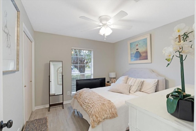 bedroom featuring ceiling fan and light wood-type flooring