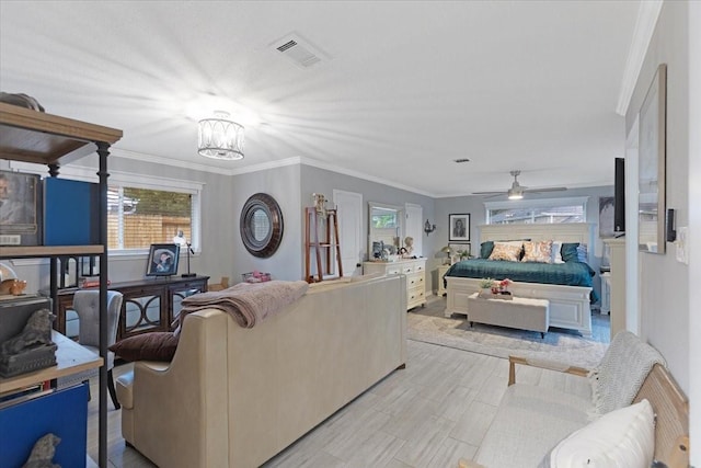 bedroom featuring a chandelier and crown molding