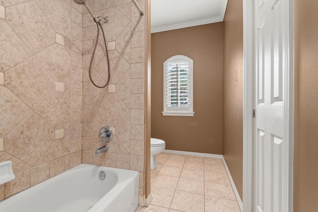 bathroom with tile patterned floors, toilet, ornamental molding, and tiled shower / bath