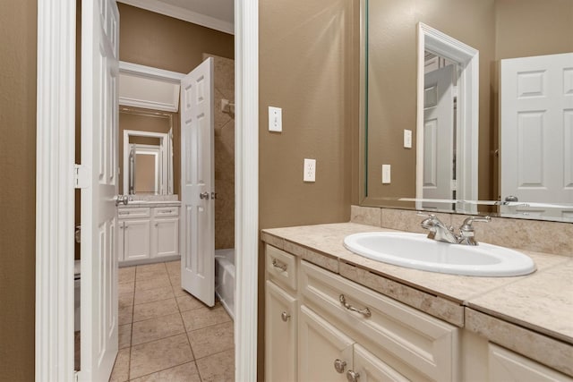 bathroom with vanity, tile patterned floors, and ornamental molding