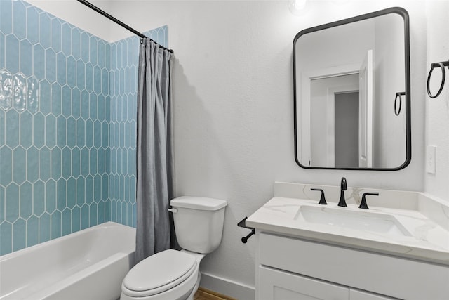 full bathroom with toilet, vanity, and shower / bathtub combination with curtain