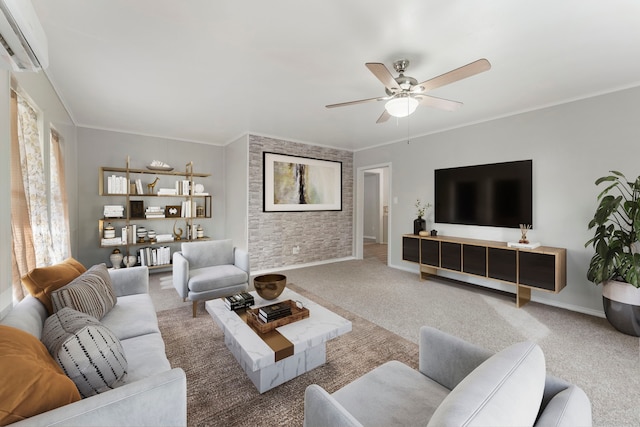 living room featuring a wall mounted air conditioner, carpet flooring, ceiling fan, and crown molding