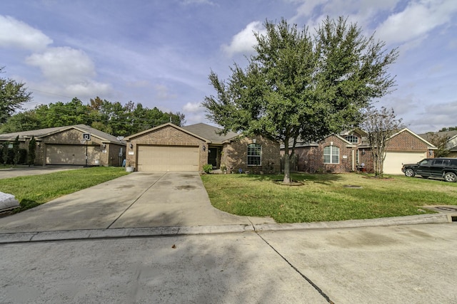 ranch-style home with a garage and a front lawn