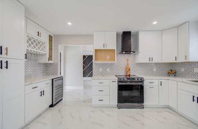 kitchen featuring wine cooler, white cabinetry, wall chimney exhaust hood, and stainless steel electric range