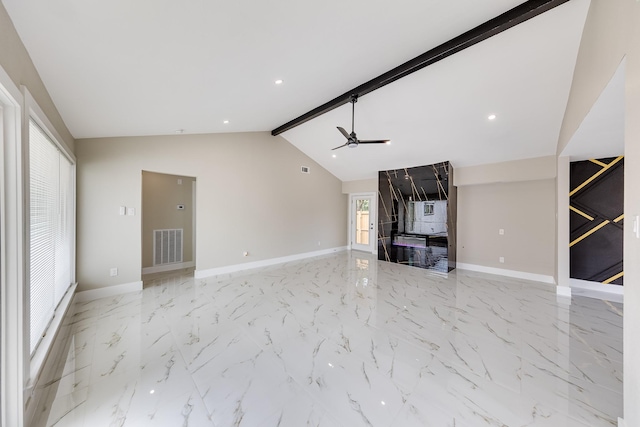 unfurnished living room with vaulted ceiling with beams and ceiling fan