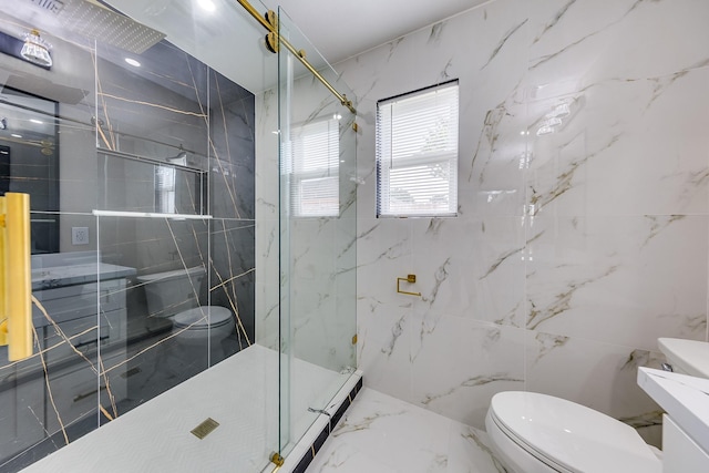 bathroom featuring tile walls, an enclosed shower, and toilet