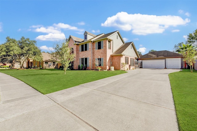 view of front of property with a front lawn and a garage