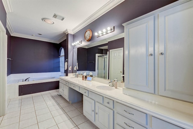 bathroom with tile patterned floors, vanity, independent shower and bath, and ornamental molding