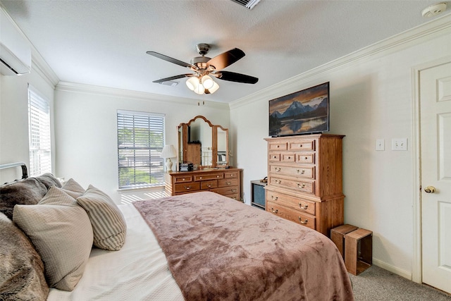 carpeted bedroom with a textured ceiling, an AC wall unit, ceiling fan, and ornamental molding