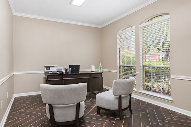 office featuring dark parquet flooring and ornamental molding