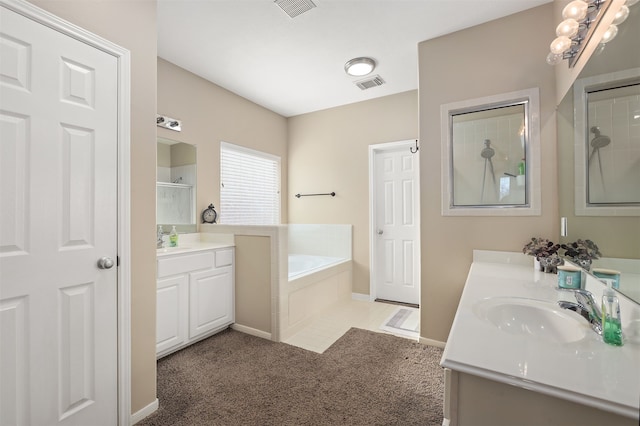 bathroom with vanity, a notable chandelier, and shower with separate bathtub