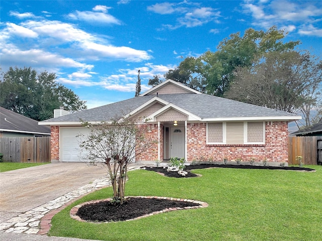 ranch-style home with a front lawn and a garage