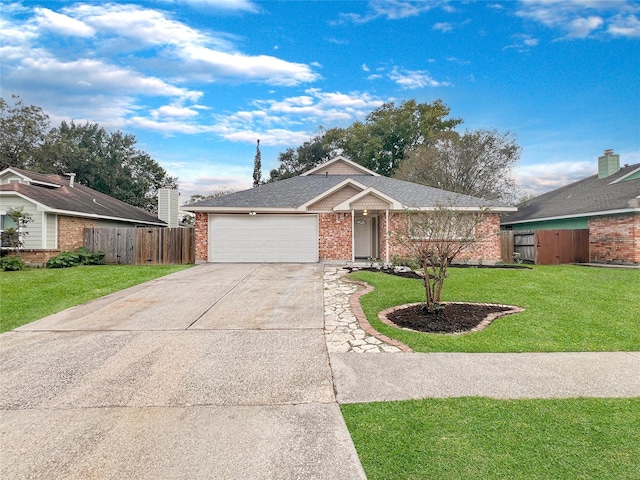 ranch-style home with a garage and a front lawn