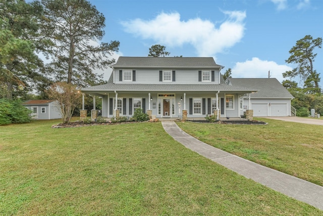 farmhouse-style home featuring covered porch, a shed, and a front lawn