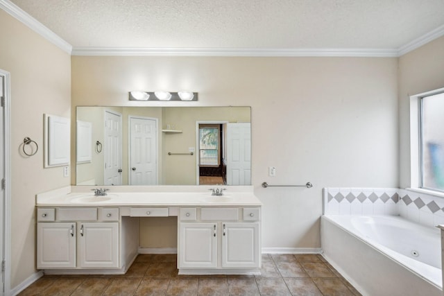 bathroom featuring a textured ceiling, ornamental molding, vanity, a bath, and tile patterned flooring