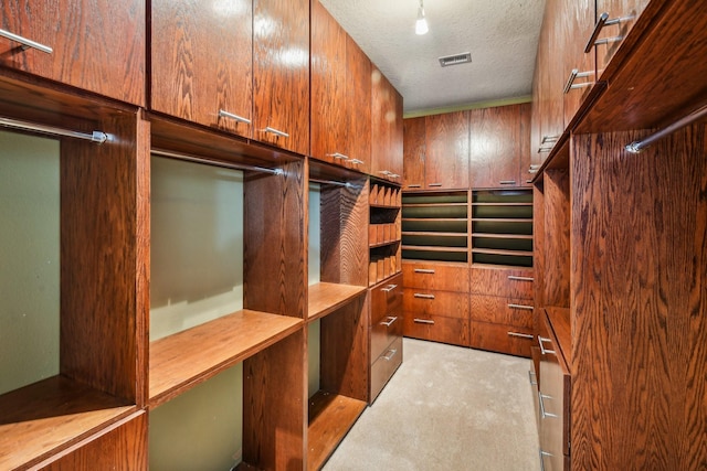 walk in closet featuring light carpet