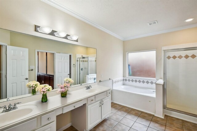 bathroom with vanity, crown molding, tile patterned floors, and shower with separate bathtub