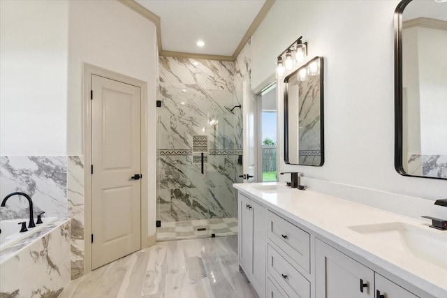 bathroom featuring vanity, independent shower and bath, and crown molding