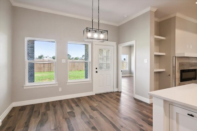 interior space featuring a fireplace, dark hardwood / wood-style flooring, and ornamental molding