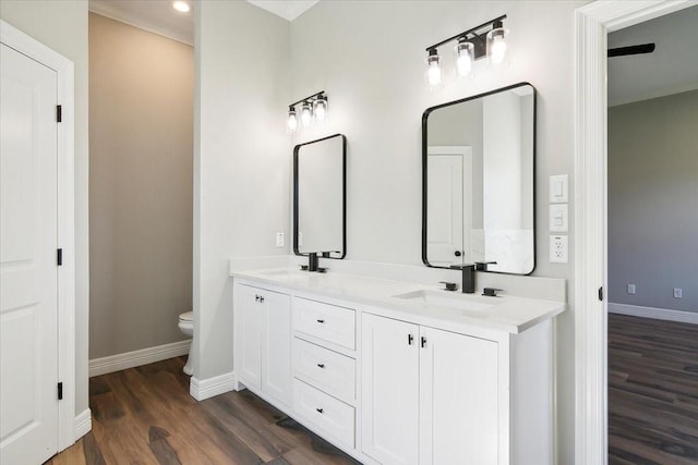 bathroom with hardwood / wood-style flooring, vanity, and toilet