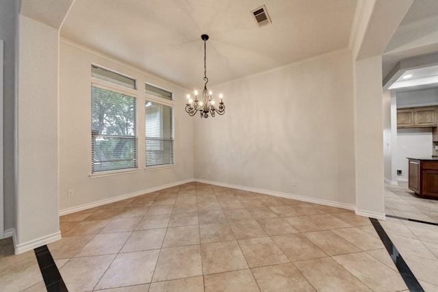 unfurnished dining area featuring light tile patterned flooring, a chandelier, and ornamental molding