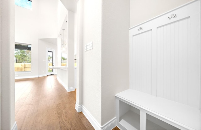 mudroom featuring a towering ceiling and light hardwood / wood-style floors