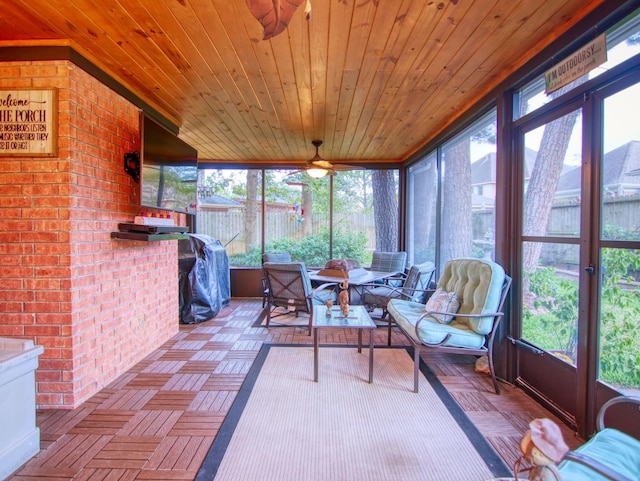 sunroom with plenty of natural light and wood ceiling