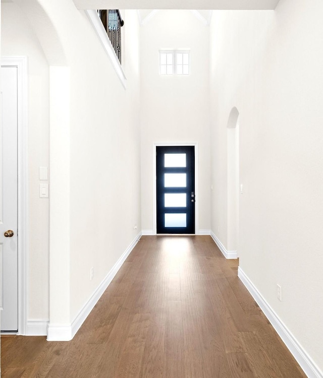 foyer entrance with a towering ceiling and hardwood / wood-style flooring