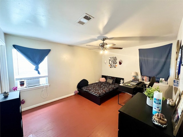 bedroom with hardwood / wood-style floors, ceiling fan, and cooling unit