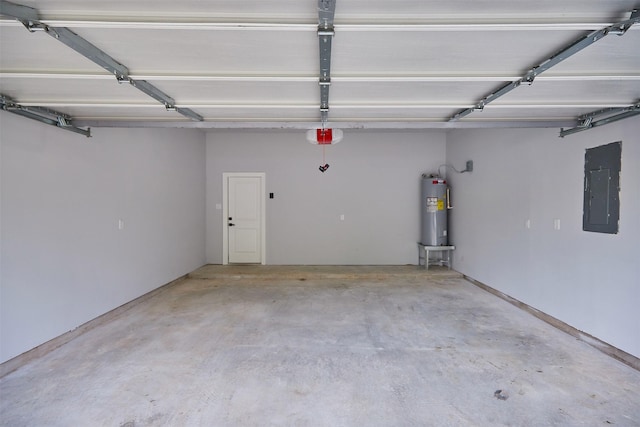 garage with a garage door opener, electric water heater, and electric panel