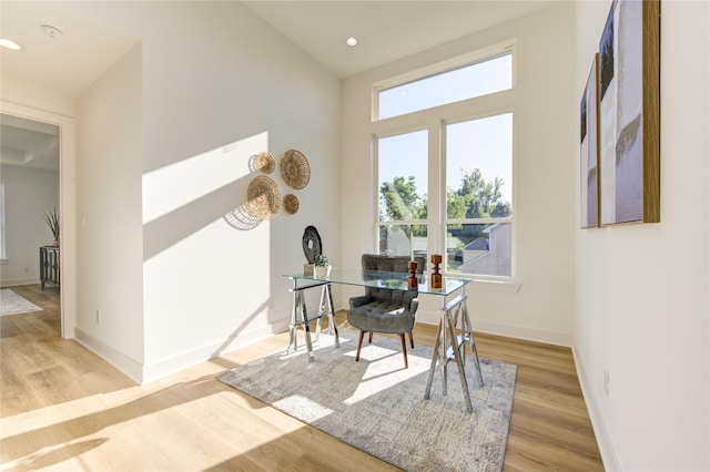 office featuring a high ceiling and light hardwood / wood-style flooring