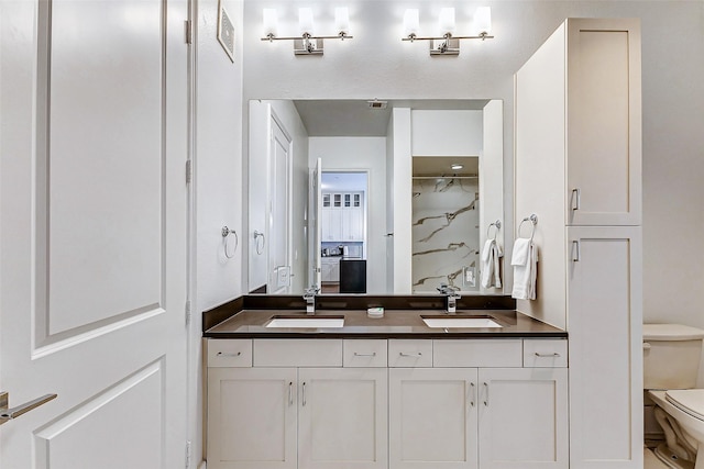 bathroom featuring vanity, toilet, and a shower