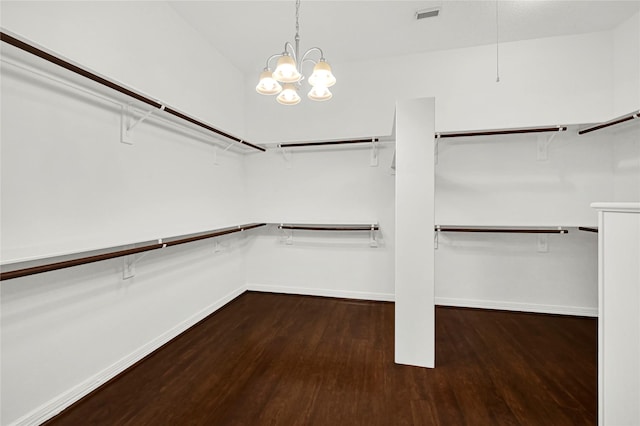 spacious closet with dark hardwood / wood-style floors and an inviting chandelier