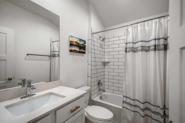 full bathroom with shower / bath combination with curtain, vanity, and toilet