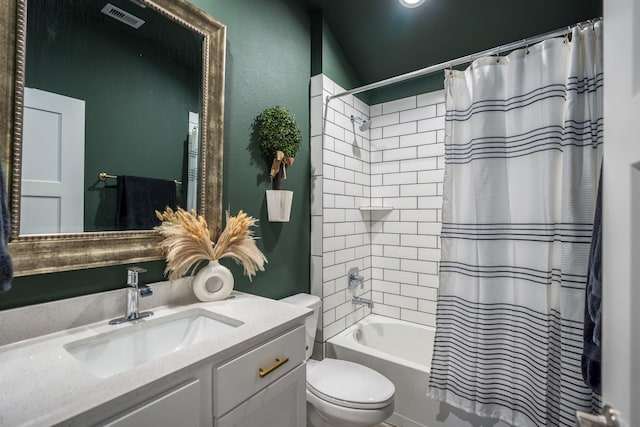 full bathroom with vanity, toilet, and shower / bathtub combination with curtain