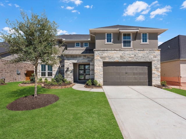 prairie-style house with a garage and a front lawn