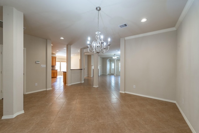 unfurnished dining area featuring light tile patterned floors, ceiling fan with notable chandelier, ornate columns, and crown molding