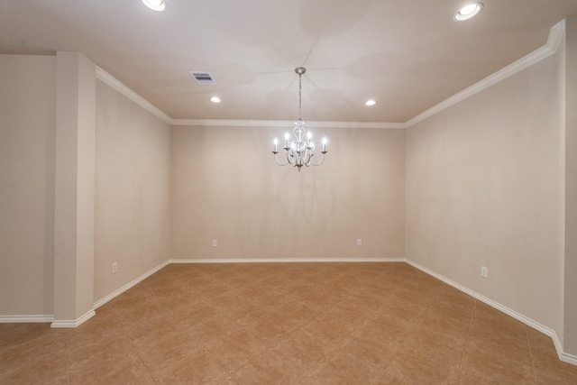 spare room with a chandelier and ornamental molding