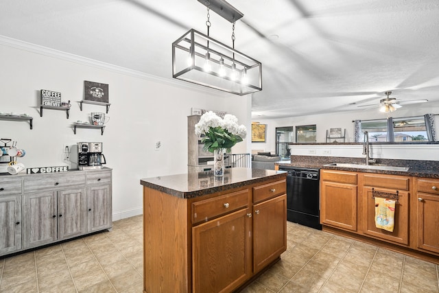 kitchen with ceiling fan, sink, decorative light fixtures, black dishwasher, and a kitchen island