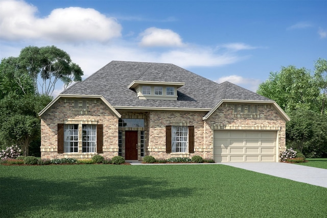 view of front of home with brick siding, roof with shingles, a front yard, a garage, and driveway