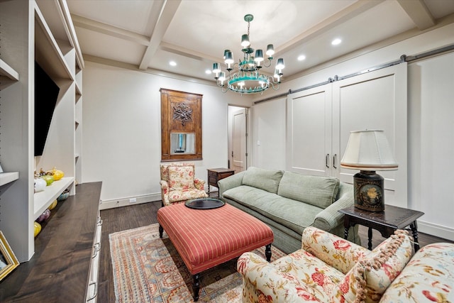 living room featuring dark wood-type flooring, coffered ceiling, a barn door, beamed ceiling, and a notable chandelier