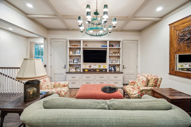 living room featuring an inviting chandelier, beam ceiling, and coffered ceiling