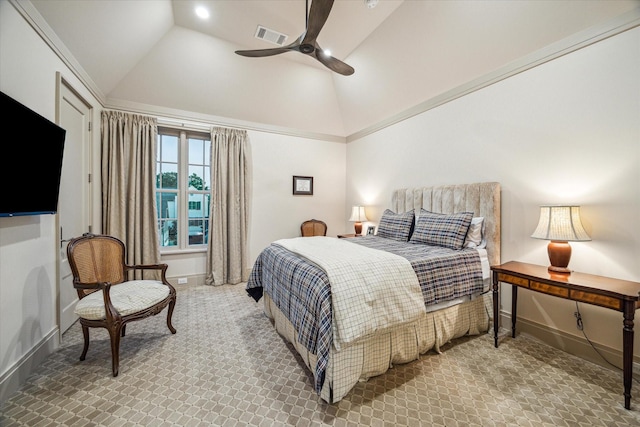 bedroom featuring carpet, ceiling fan, and lofted ceiling