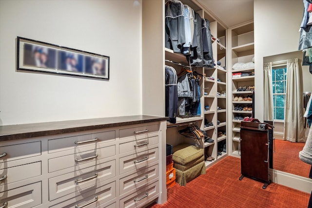 walk in closet featuring dark colored carpet