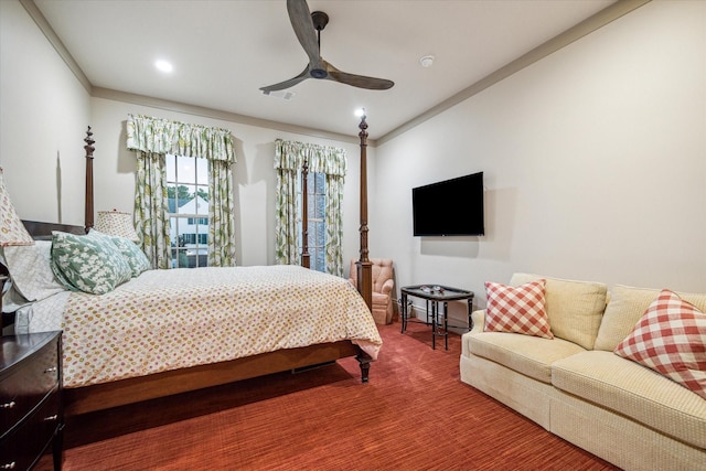 bedroom featuring ceiling fan and crown molding