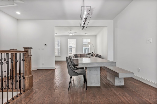 dining area featuring ceiling fan and dark hardwood / wood-style floors