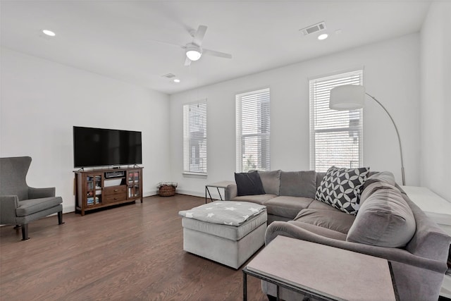 living room featuring ceiling fan and dark hardwood / wood-style flooring