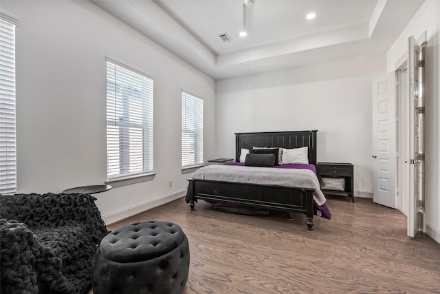 bedroom featuring a raised ceiling, multiple windows, and dark wood-type flooring