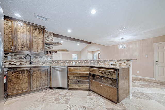 kitchen featuring vaulted ceiling with beams, backsplash, light stone counters, and sink