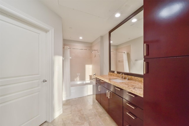 bathroom with vanity and shower / bathtub combination with curtain